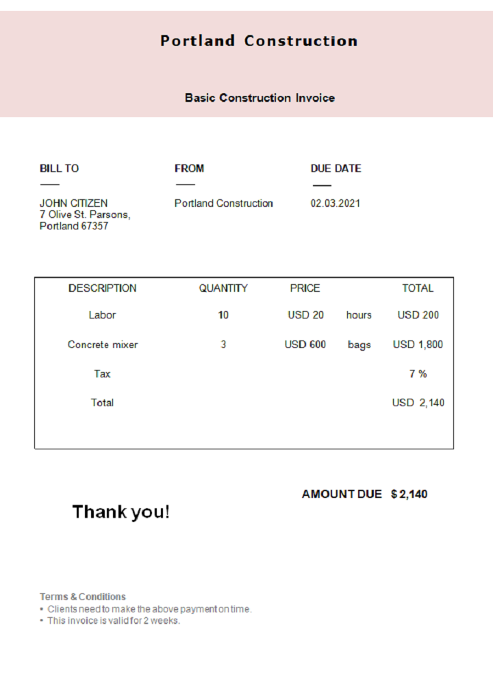 USA Portland Construction invoice PSD template